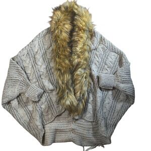 Chunky Knit Cardigan Faux Fur Collar Boho Chic Winter Cozy Oversized Beige‎ Tan